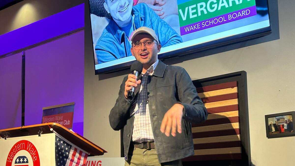 Wake County school board candidate Robert Morales Vergara speaks at the Western Wake Republican Club meeting in Cary. N.C., on Aug. 26. 2024. Two days later, he announced he was withdrawing from the race due to being “deeply disappointed” in Wake GOP leadership.