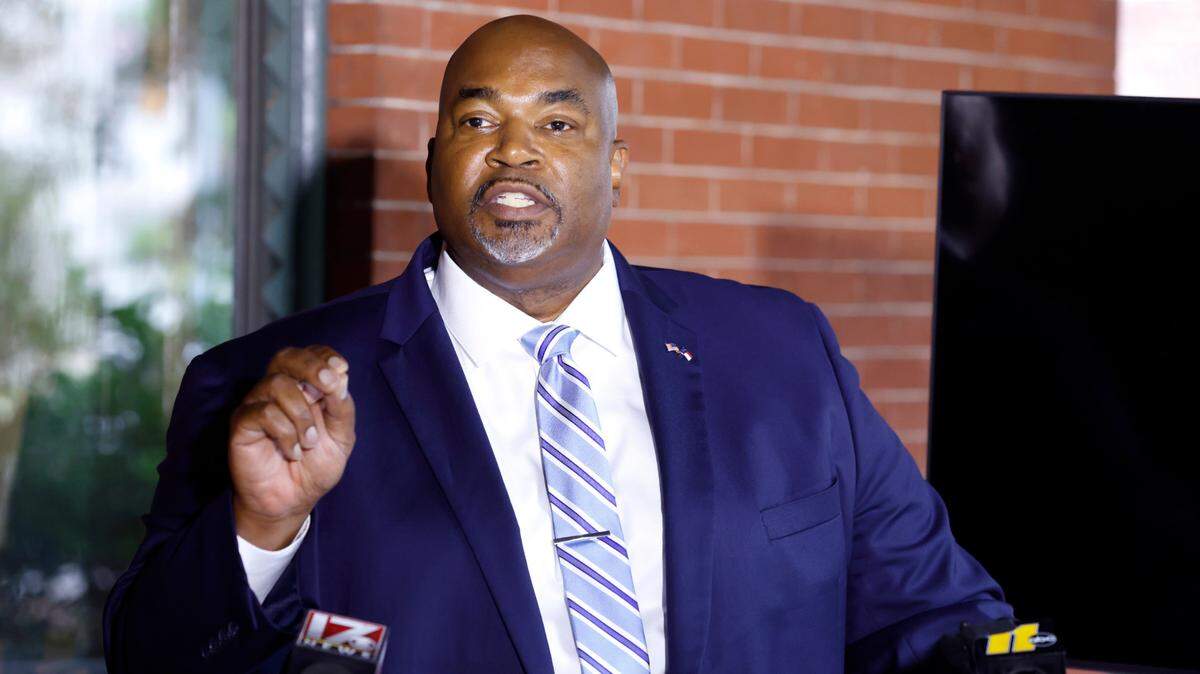 North Carolina Lt. Gov. Mark Robinson speaks during a press conference in Raleigh, N.C., Tuesday, October 12, 2021.