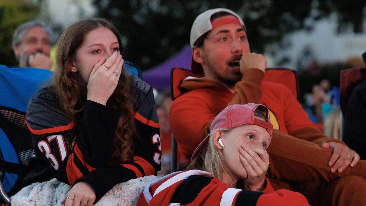 People react while watching the first period of the Carolina Hurricanes’ matchup against the Vegas Golden Knights during a watch party for game 2 of the Stanley Cup Final on Thursday, June 4, 2026, in Raleigh, N.C.