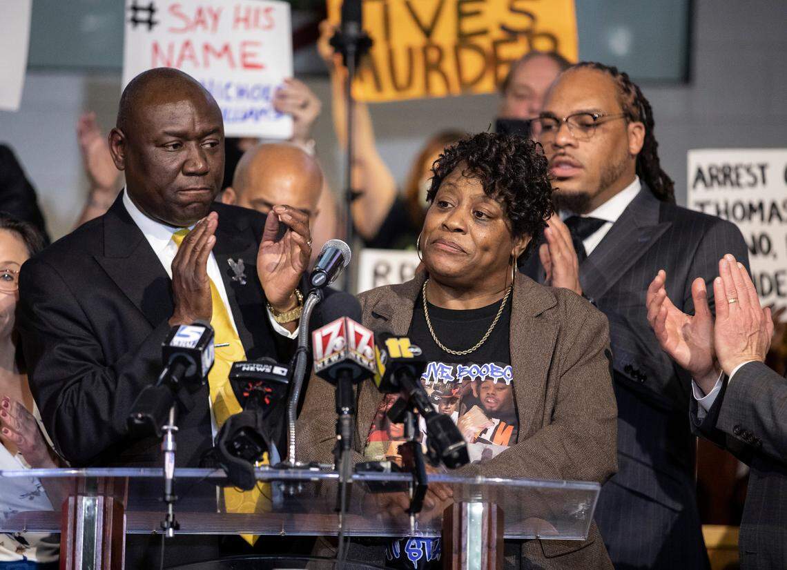 Attorney Ben Crump stands with Sonya Williams, mother of Darryl Williams, during a press conference on Thursday, Feb. 16, 2023, at Mount Peace Baptist Church in Raleigh, N.C. Crump called for charges against Raleigh police officers in the death of Darryl Williams, who died in police custody on Jan. 17.
