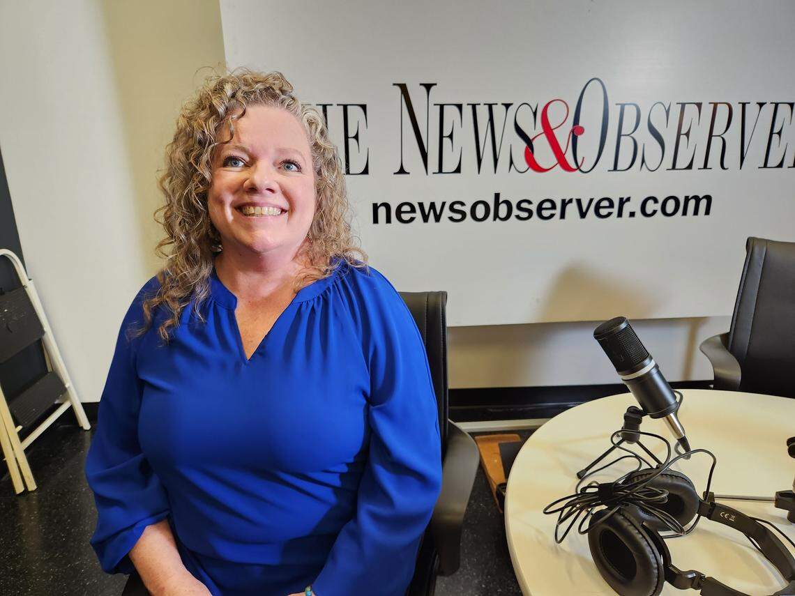Suzanne Beasley, a lobbyist for the State Employees Association of North Carolina, is pictured in The News & Observer studio after a recording of the Under the Dome politics podcast with Dawn Vaughan on Thursday, Aug. 10, 2023 in Raleigh.