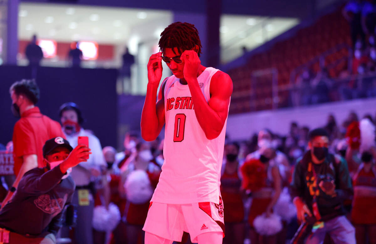 N.C. State’s Terquavion Smith (0) gets ready for the dance competition duringPrimetime with the Pack at Reynolds Coliseum in Raleigh, N.C., Thursday, October 14, 2021.