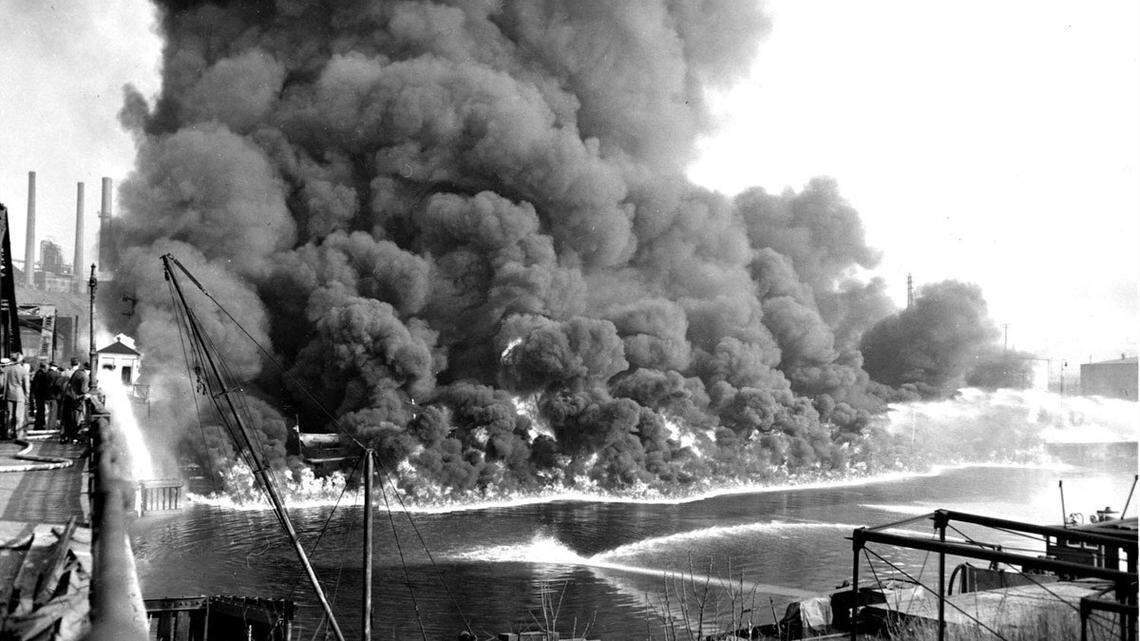 The Cuyahoga River was once one of the most polluted rivers in the United States. It has caught fire a total of 13 times dating back to 1868, including this blaze in 1952 which caused over $1.3 million in damages. (Photo: Cleveland State University Library.)