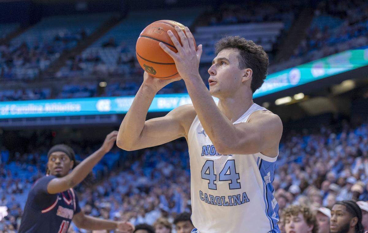 North Carolina guard Luka Bogavac (44) lines up a three-point attempt in the first half against Radford on Tuesday, November 11, 2025 at the Smith Center in Chapel Hill, N.C.