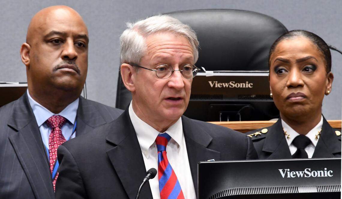 Durham Mayor Steve Schewel (center) addresses recent crimes in the Bull City during a press conference at City Hall. looking on are newly elected Durham County Sheriff Clarence Birkhead (left) and Police Chief Cerlelyn “CJ” Davis (right) in Durham, N.C., Thursday, Jan. 17, 2019.
