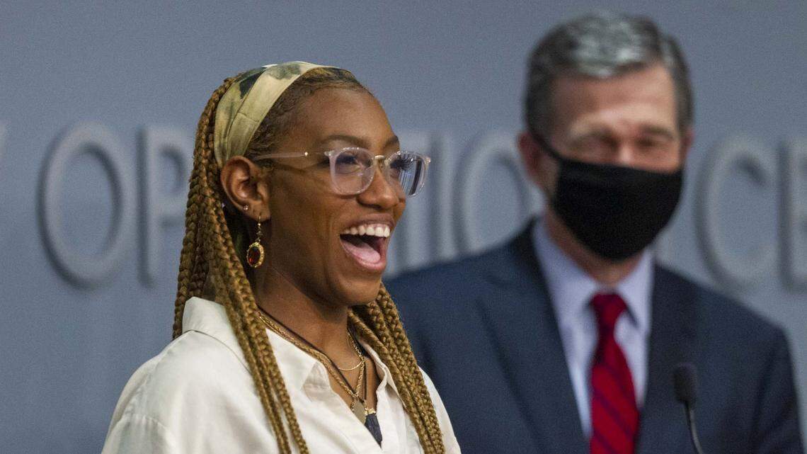North Carolina vaccine lottery winner, Audrey Chavous, an 18-year-old from Winston-Salem,&nbsp;, speaks after Gov. Roy Cooper  announced the latest winner of the Summer Cash Drawing Wednesday, Aug. 4, 2021 at the NC Emergency Operations Center in Raleigh.