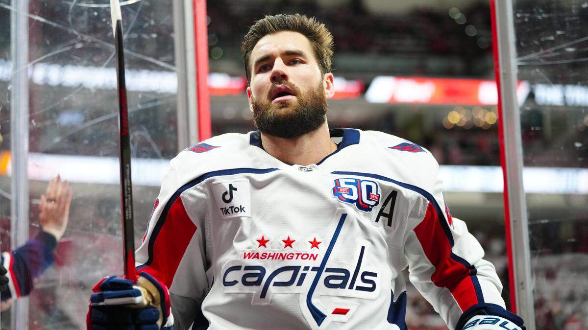 May 10, 2025; Raleigh, North Carolina, USA; Washington Capitals right wing Tom Wilson (43) comes off the ice after the warmups before the game against the Carolina Hurricanes in game three of the second round of the 2025 Stanley Cup Playoffs at Lenovo Center. Mandatory Credit: James Guillory-Imagn Images