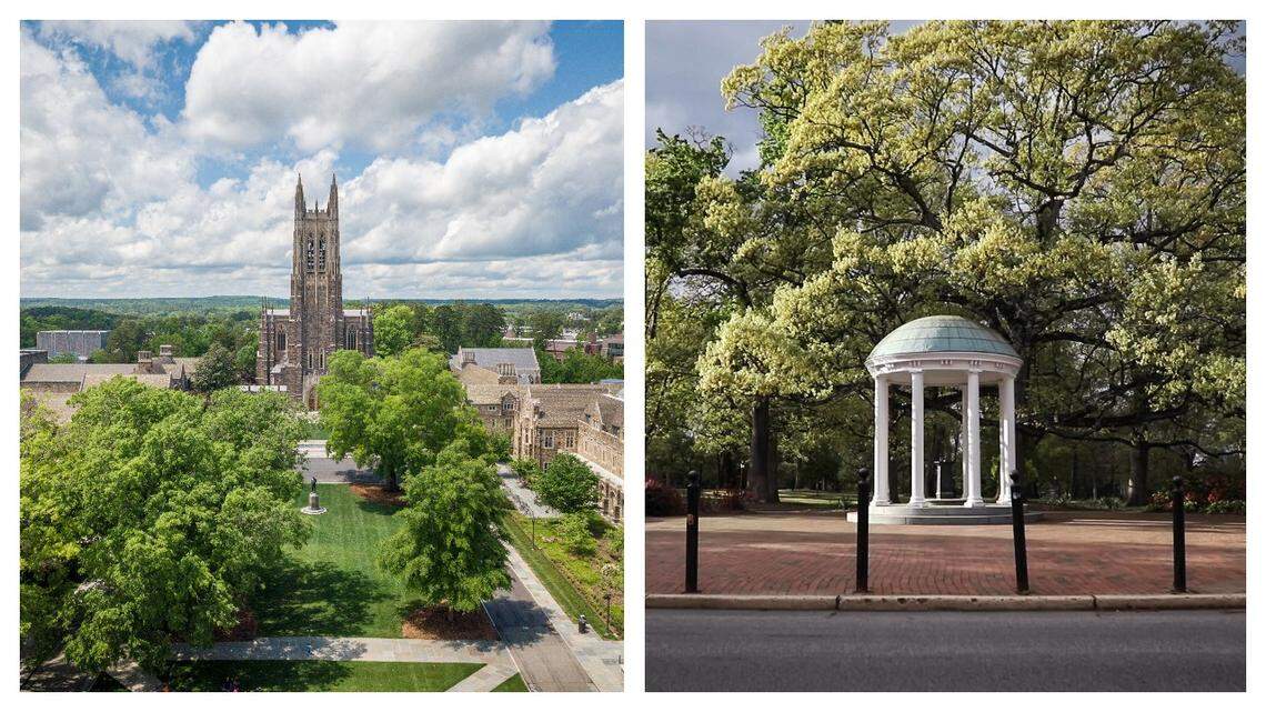 The campuses of Duke University, left, and UNC-Chapel Hill, right.