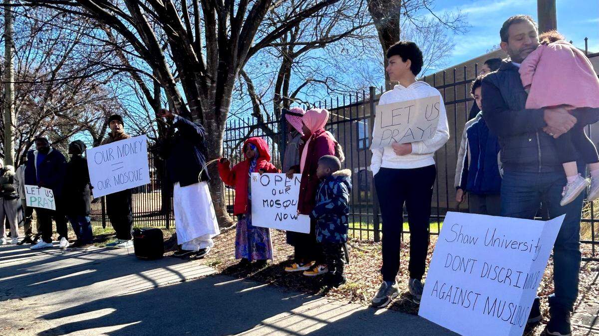 Around 50 people gathered on Saturday, Feb. 4, 2023 outside of the Shaw University building where the King Khalid mosque is located to protest its closure to the general public since 2020.