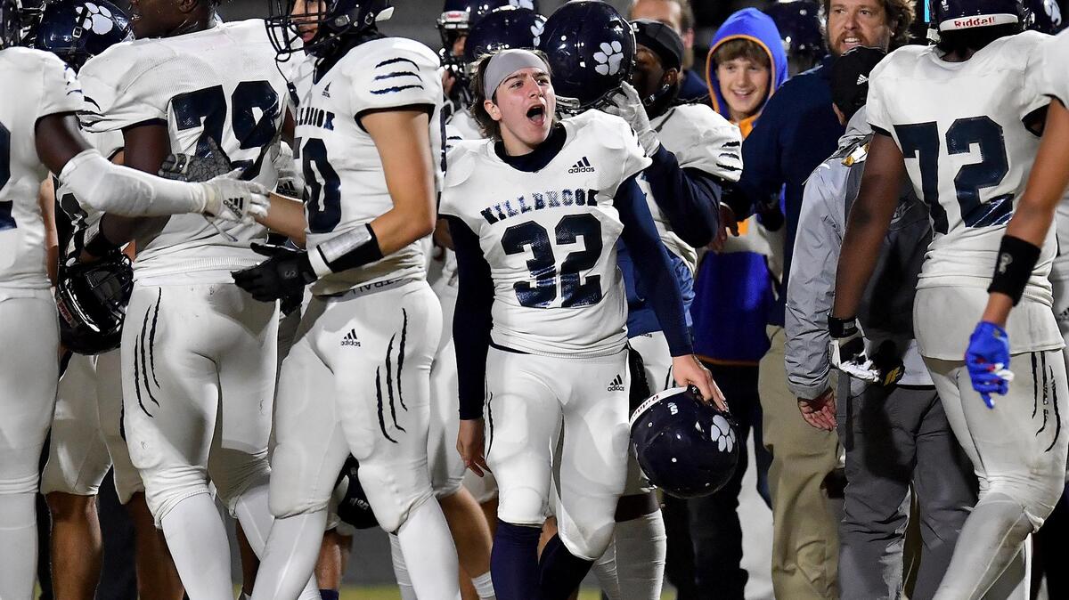 Millbrook’s Vince Barefoot (32) celebrates after his team defeats Wake Forest. The Wake Forest Cougars and the Millbrook Wildcats met in a football game in Wake Forest, N.C. on October 28, 2022.