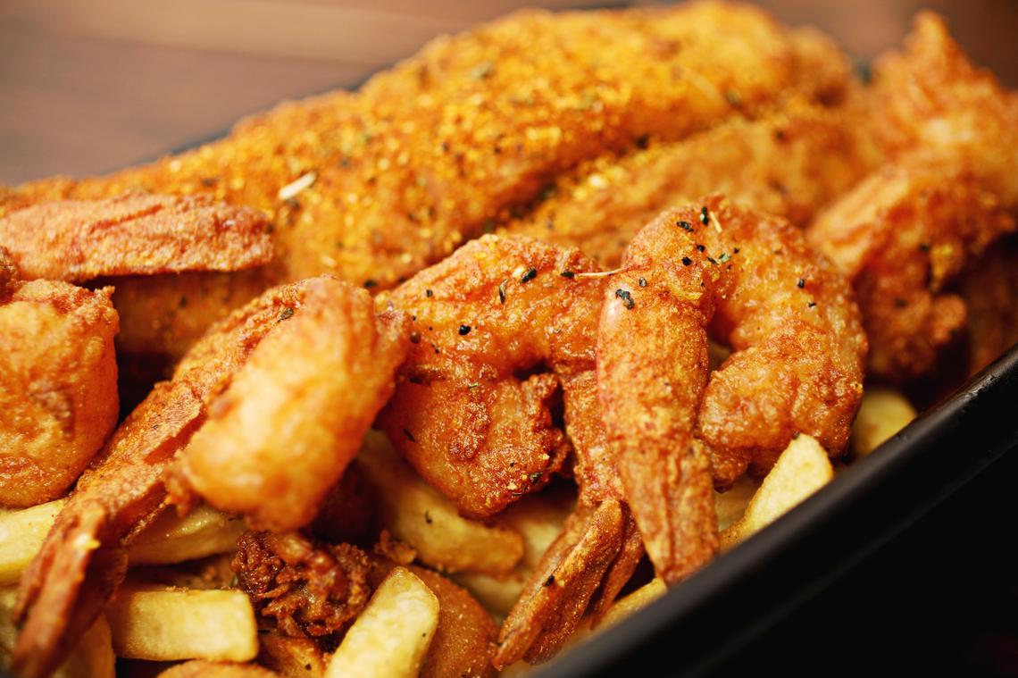 The fish and shrimp basket at Oak City Fish & Chips at Morgan Street Food Hall in downtown Raleigh.
