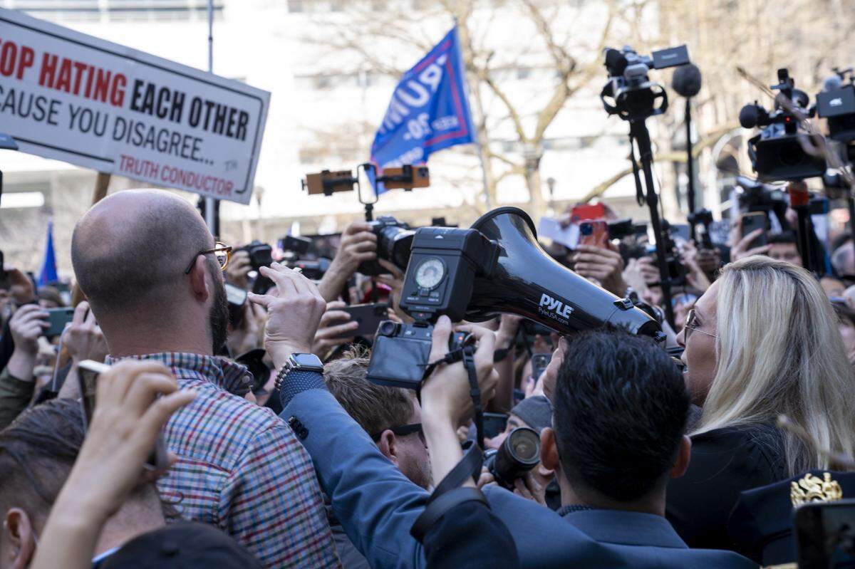 Rep. Marjorie Taylor Greene (R-GA) speaks outside the Manhattan Criminal Courthouse in New York City on Tuesday, April 4, 2023.