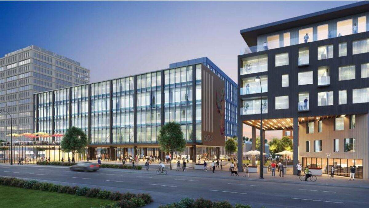 The plan for 505 W. Chapel Hill St. calls for 300 apartments (some of which can be seen on the right in this illustration) and a new commercial office building behind the old police headquarters. The NC Mutual building is seen on the far left.