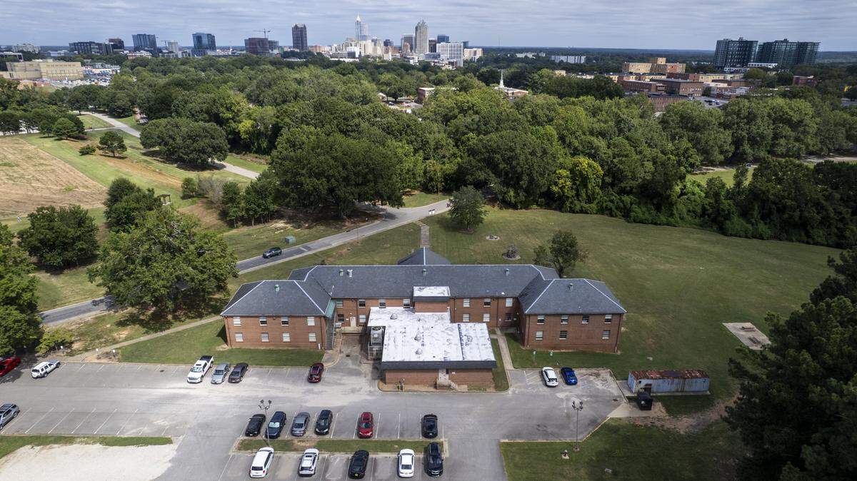 An aerial view shows the Williams Building at Dorothea Dix Park in Raleigh on Tuesday, Sept. 9, 2025. The building is one of 20 structures, totaling about 545,000 square feet, scheduled for demolition beginning in early 2026.