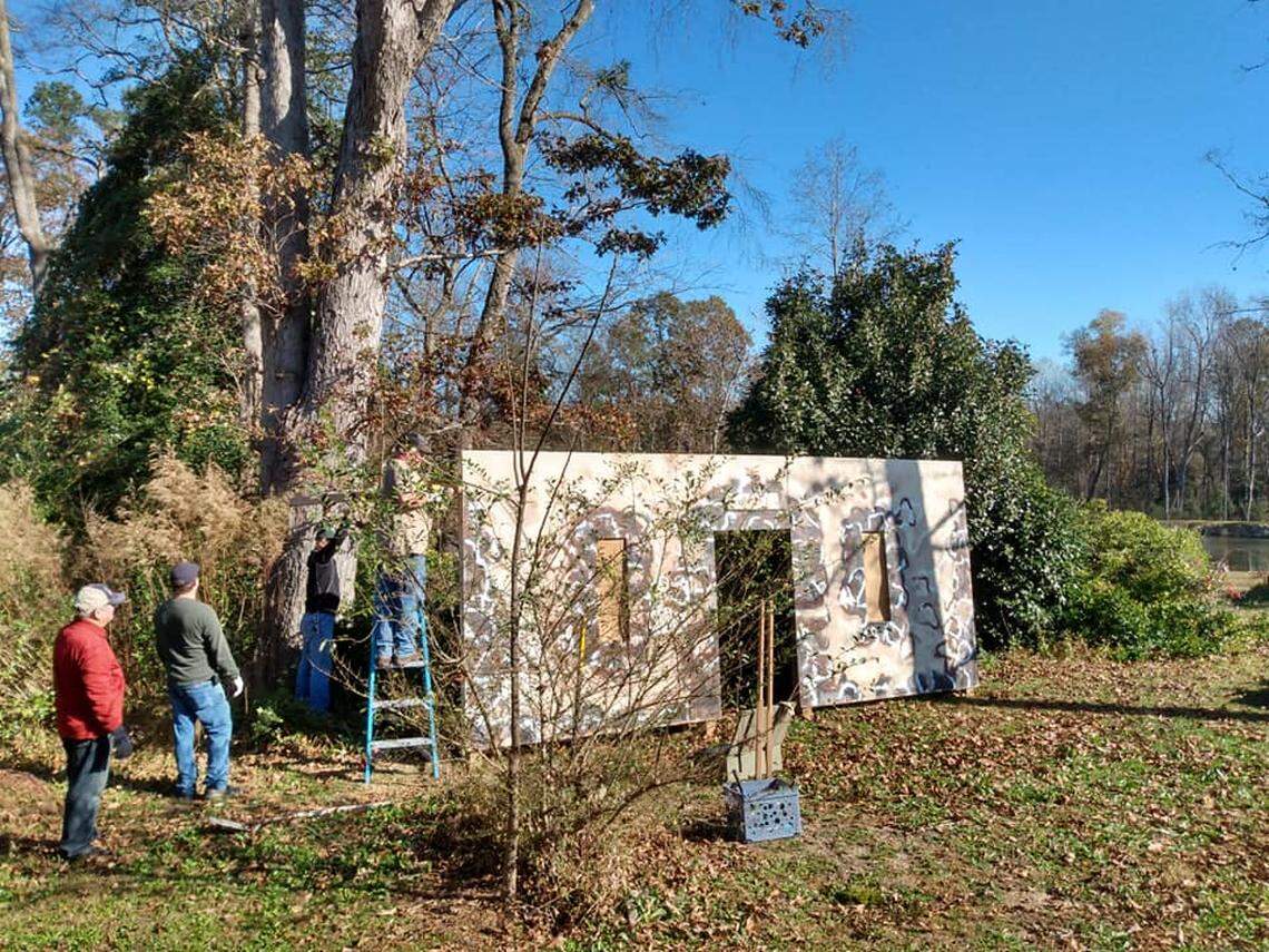 Volunteers help erect scene sets for the 40th annual Drive-Thru Nativity, to be held Dec. 16-18 at the Benson church. This year’s event will be socially distanced to prevent the spread of COVID-19.