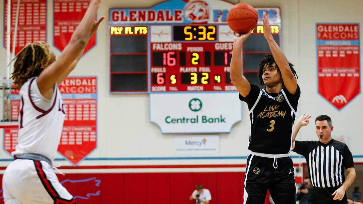 Elliot Cadeau of Link Academy, shoots a field goal during a game against the Legacy (Texas) Broncos in the Ozark Mountain Shootout at Glendale High School on Thursday, Dec. 8, 2022.