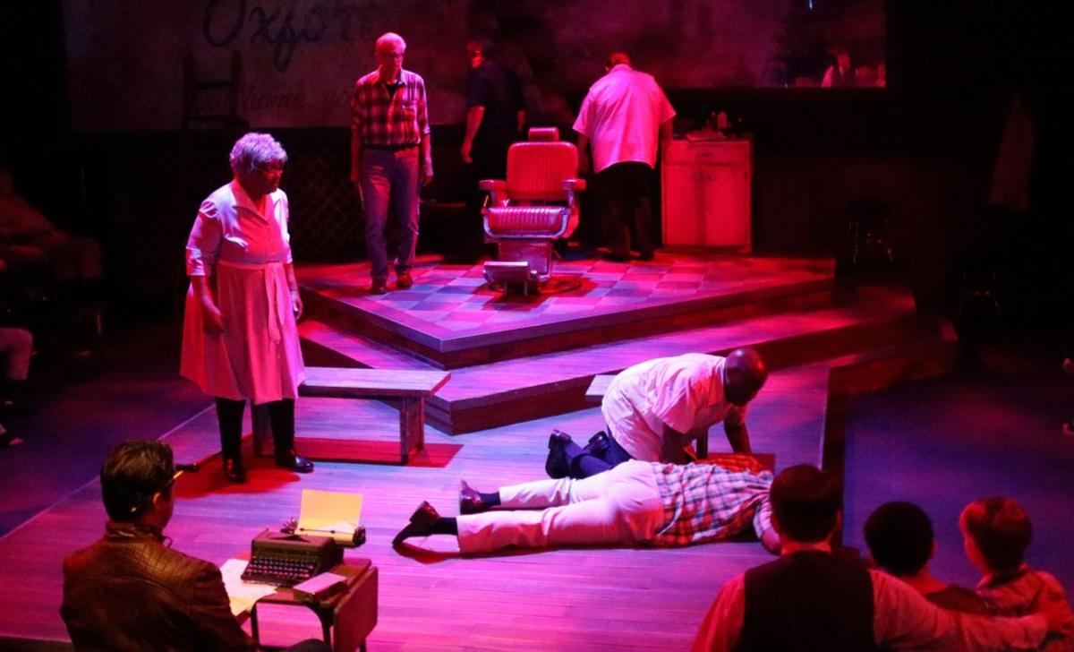 From left, Justin Toyer as Younger Tim, Juanda Holley as Eveline Downey, Mark Phialas as Older Tim, Randy Jordan as Robert Teel, Juan Isler as Boo Chavis, Jajuan Cofield as Dickie Marrow, Kevin Leonard as Vernon Tyson, Benjamin Cashwell as Boyhood Tim and Matthew Bain as Vern Tyson in Raleigh Little Theatre's "Blood Done Sign My Name."