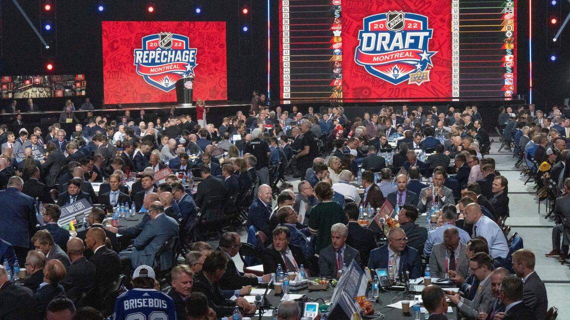 Hockey team participate during the second day of the 2022 NHL Draft on Friday, July 8, 2022 in Montreal. (Ryan Remiorz/The Canadian Press via AP)