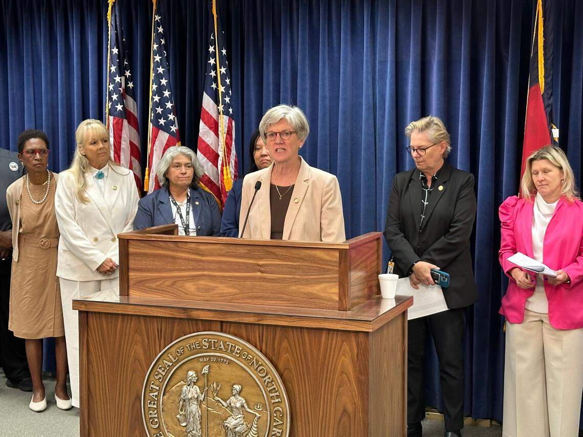 Rep. Marcia Morey, a Durham Democrat, speaks against the House GOP’s budget proposal to cut vacant positions across state government during a press conference on Tuesday, May 20, 2025 at the Legislative Building in Raleigh, N.C.
