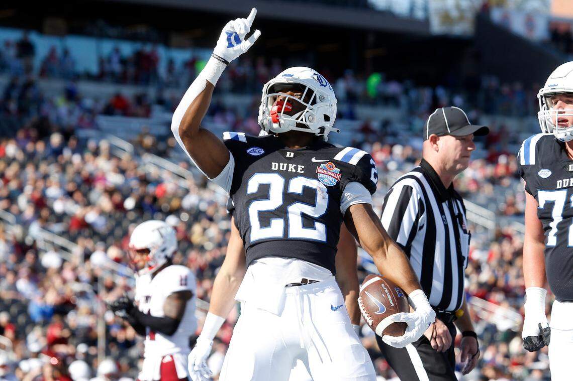 \Duke Blue Devils running back Jaylen Coleman (22) reacts after a touchdown run during the Blue Devils’ victory over the Troy Trojans in Birmingham, Ala., Saturday, Dec. 23, 2023.