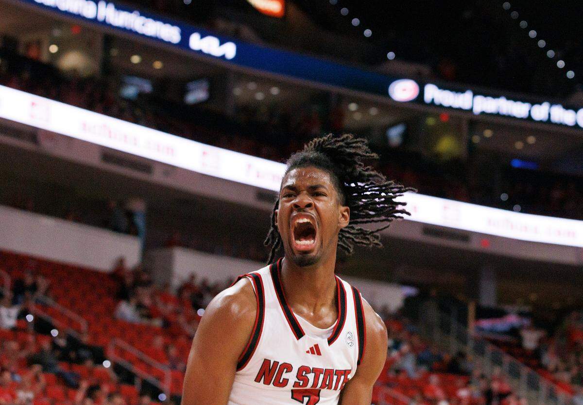N.C. State’s Bryce Heard reacts after laying in two during the second half of the Wolfpack’s 97-66 win over USC Upstate on Monday, Nov. 4, 2024, at the Lenovo Center in Raleigh, N.C.