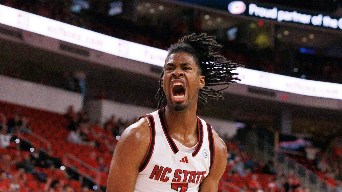 N.C. State’s Bryce Heard reacts after laying in two during the second half of the Wolfpack’s 97-66 win over USC Upstate on Monday, Nov. 4, 2024, at the Lenovo Center in Raleigh, N.C.