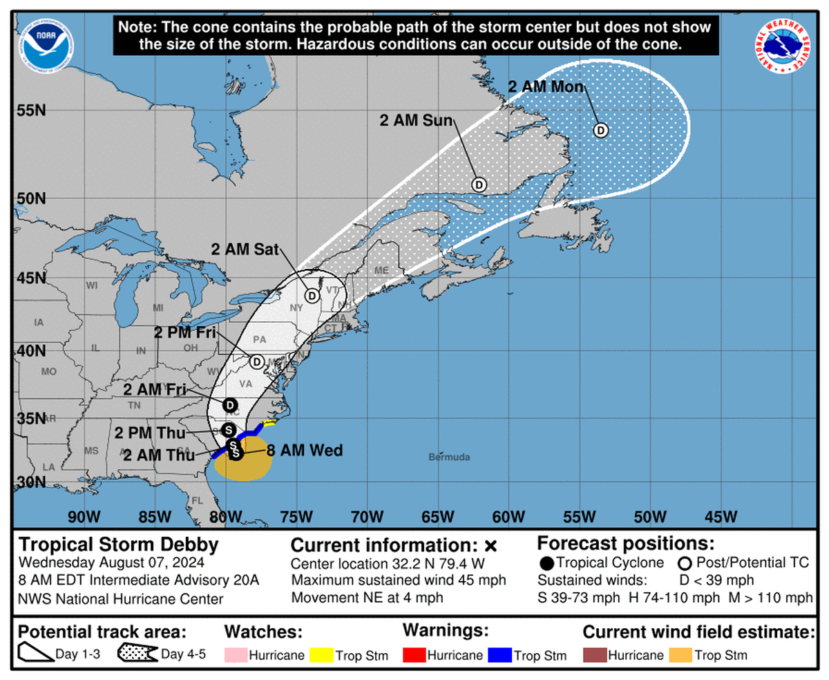 Forecasters say Tropical Storm Debby will make its second landfall Wednesday night or Thursday morning and gain some speed for its trek into North Carolina. The storm will continue to bring rain and some wind to the N.C. through Friday night.