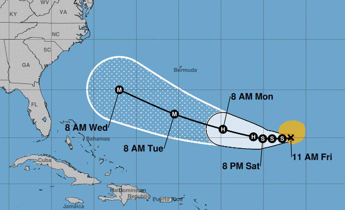A map showing the the potential track area of Tropical Storm Florence, which shifted to the south and was expected to regain strength to become a major hurricane as of 11 a.m. Friday, Sept. 7, 2018.