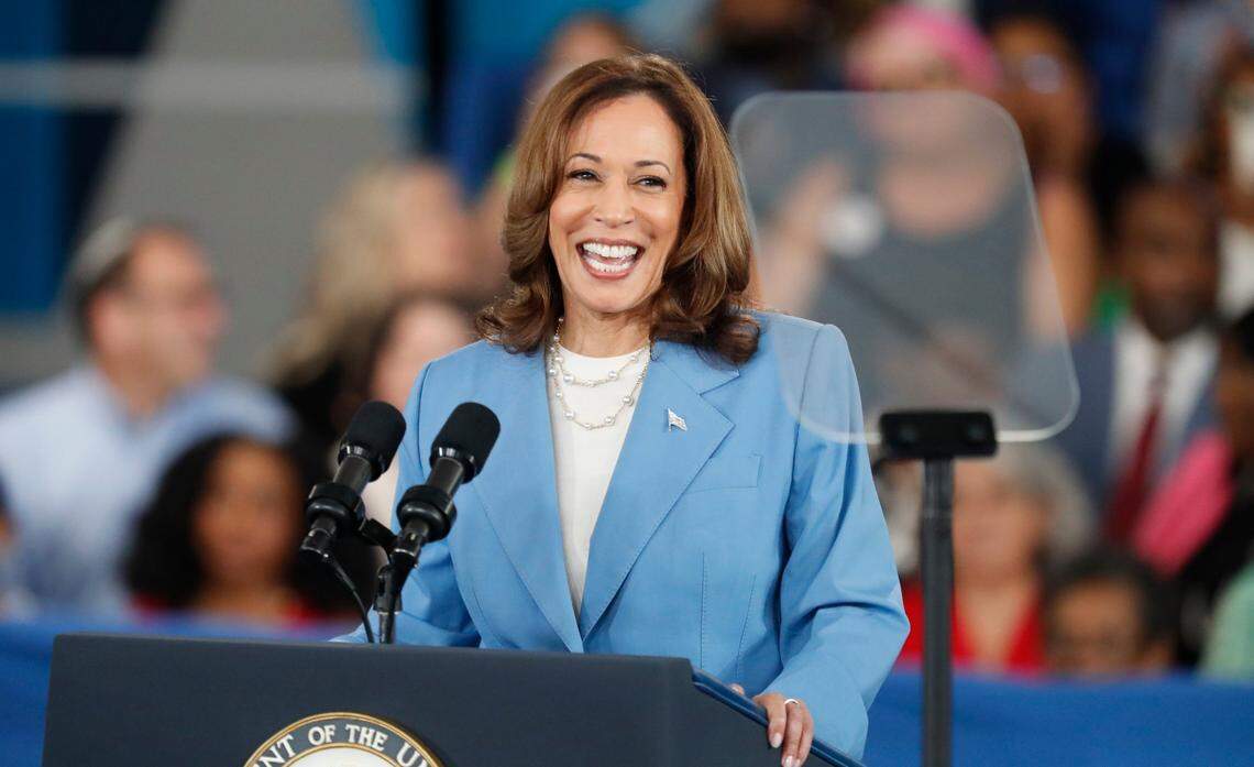 Vice President and Democratic nominee for president Kamala Harris reacts to the crowd while speaking at Wake Tech Community College’s North Campus in Raleigh, N.C., Friday, August 16, 2024.