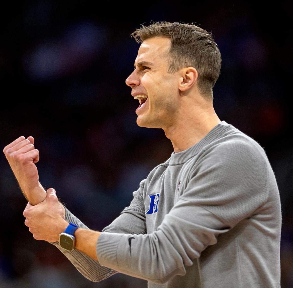 Duke coach Jon Scheyer reacts to a foul against Tyrese Proctor (5) in the first half against Oral Roberts during the first round of the NCAA Tournament on Thursday, March 16, 2023 at the Amway Center in Orlando, Fla.