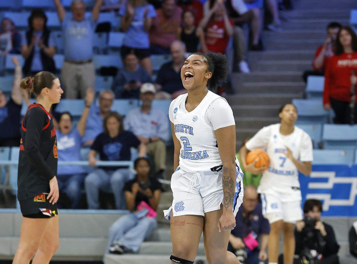 North Carolina’s Nyla Harris reacts following the Tar Heels’ 74-66 second-round NCAA Tournament win over Maryland on Sunday, March 22, 2026, at Carmichael Arena in Chapel Hill, N.C.