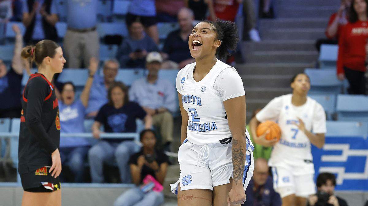 North Carolina’s Nyla Harris reacts following the Tar Heels’ 74-66 second-round NCAA Tournament win over Maryland on Sunday, March 22, 2026, at Carmichael Arena in Chapel Hill, N.C.