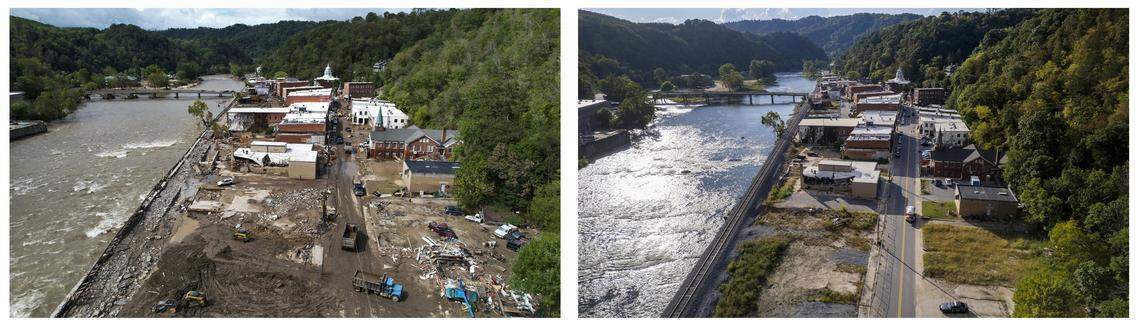 Drone views show the devastation caused by flooding in Marshall in Madison County after Helene hit, and a view almost a year later of the ongoing process of cleanup and recovery in the small town.