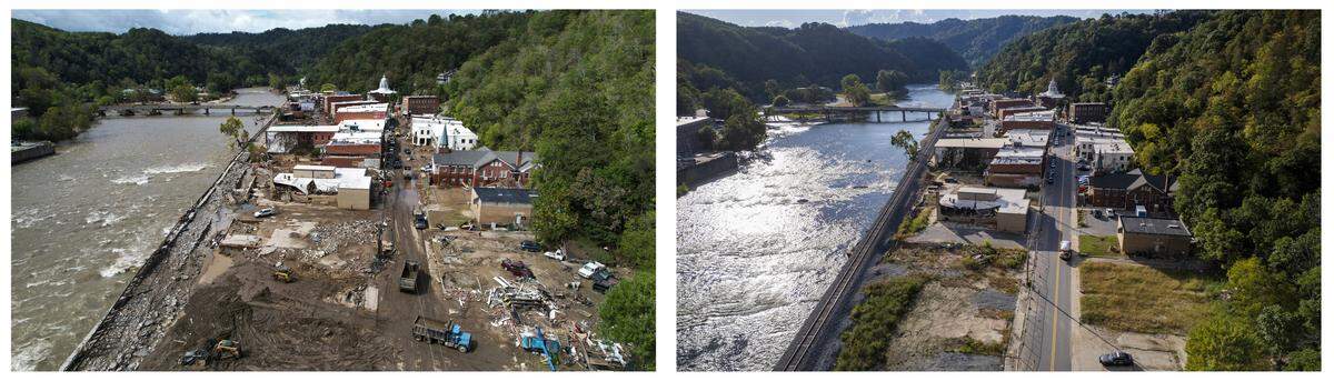 Drone views show devastation caused by flooding in Marshall shortly after Helene hit, and a view almost a year later of the ongoing process of cleanup and recovery in the small town.