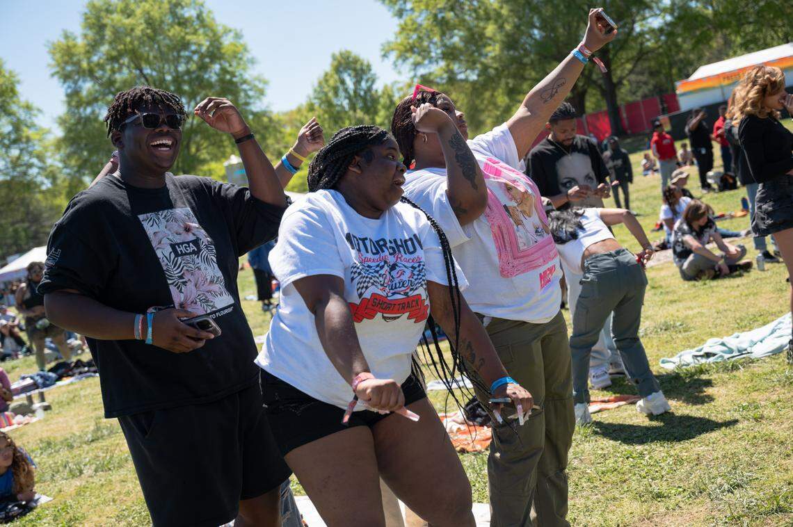 Fans dance during Hunxho’s performance at the second day of the Dreamville music festival at Dix Park in Raleigh, N.C. on Sunday, April 7, 2024.