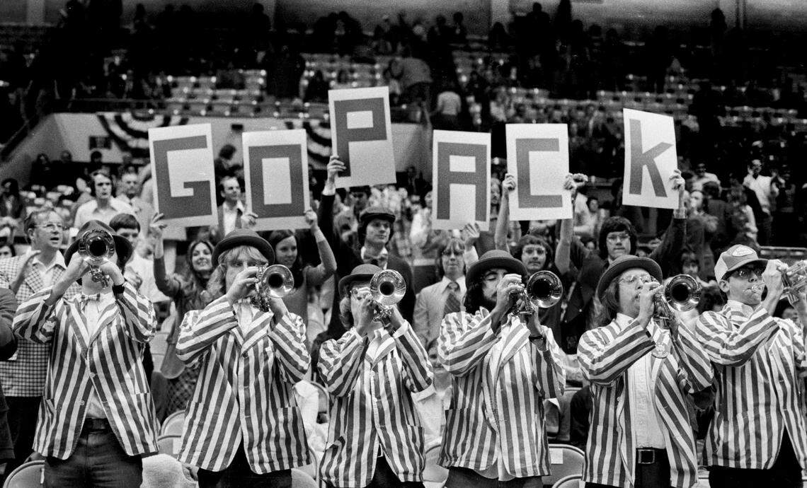 Members of the N.C. State pep band before a Wolfpack game during the 1975 ACC Tournament in Greensboro, NC.