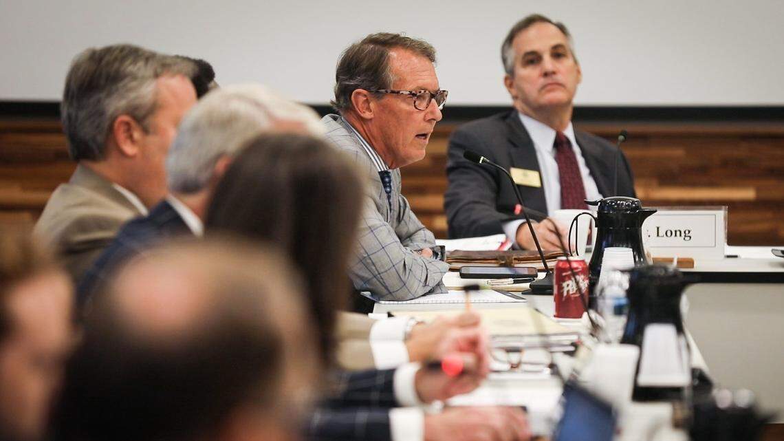 Tom Fetzer, a former Raleigh mayor who at the time was a UNC Board of Governors member, questions the background of the leading contender for chancellor of Western Carolina University at a board meeting in this file photo.