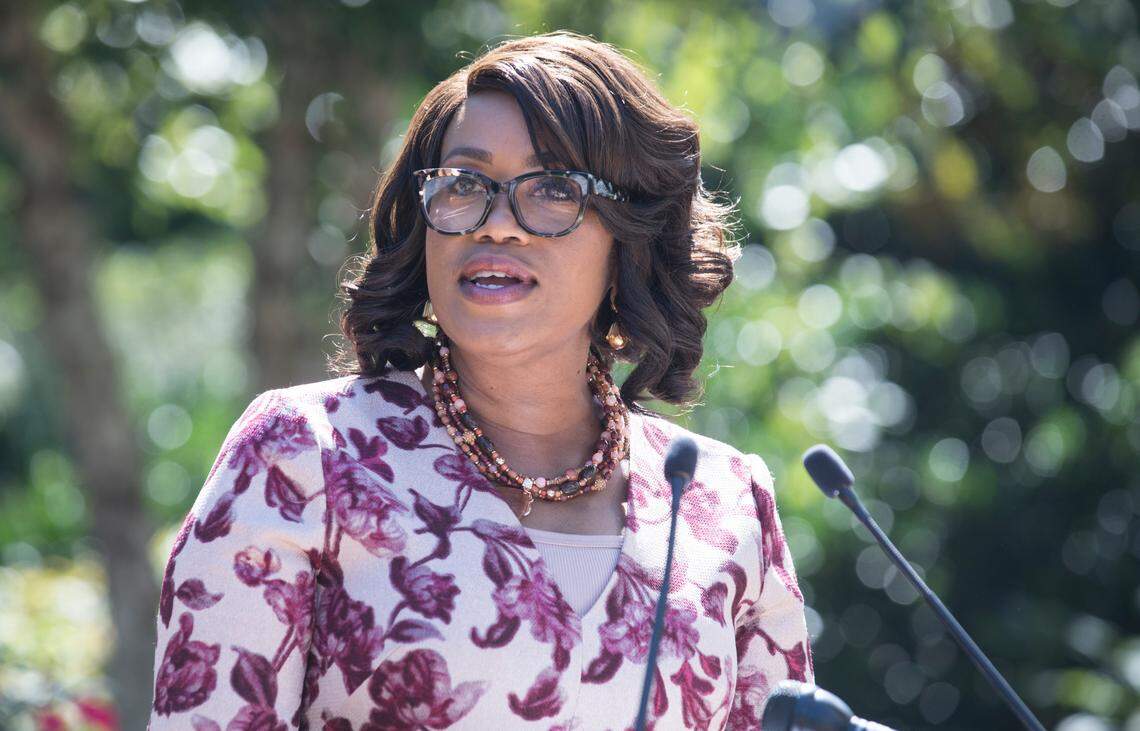 North Carolina Secretary of Commerce Machelle Baker Sanders speaks during a press conference on Sept. 27, 2021.