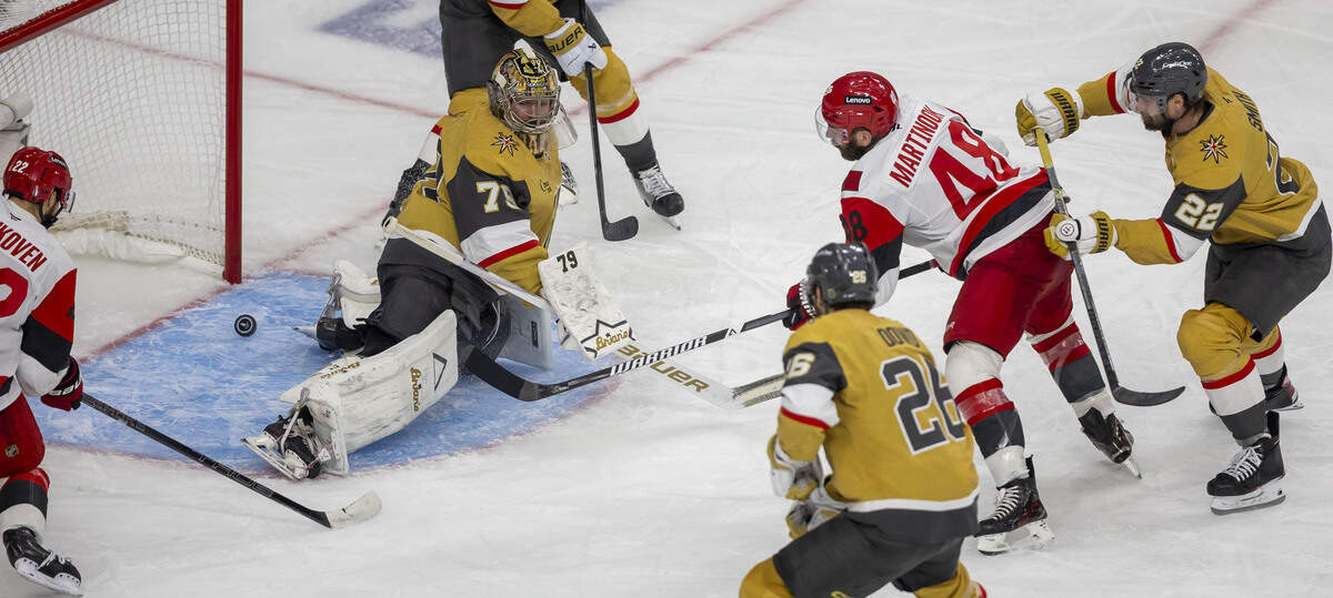 Carolina Hurricanes left wing Jordan Martinook (48) scores on Vegas goalie Carter Hart (79) to cut the Vegas lead to 4-1 in the third period in Game 3 of the Stanley Cup Final, on Saturday, June 6, 2026 at T-Mobile Arena in Las Vegas, NV.