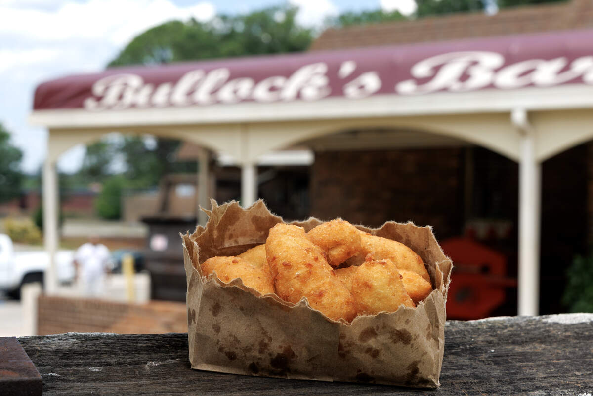 An order of hushpuppies is pictured at Bullock’s Bar-B-Cue on Thursday, June 25, 2026, in Durham, N.C.