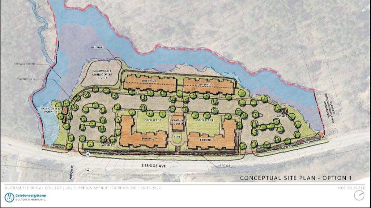 Durham Technical Community College’s Affordable Housing Initiative will bring 124 apartments to 902 S. Briggs Ave by 2027.
