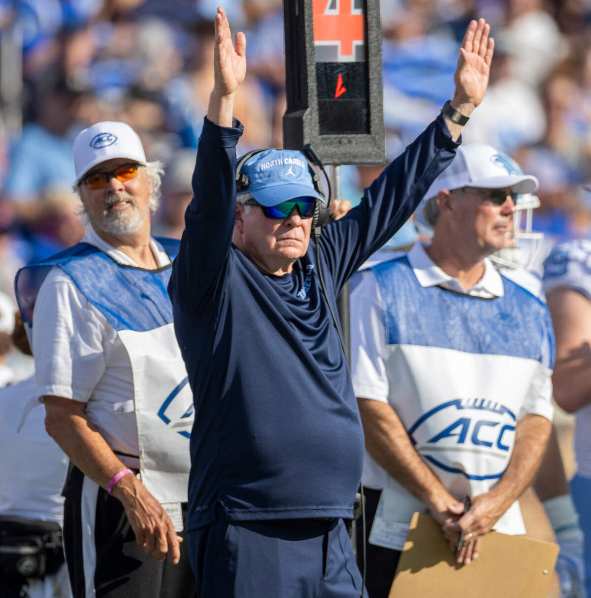 North Carolina coach Mack Brown reacts after a field goal by Noah Burnette to give the Tar Heels a 3-0 against Duke in the first quarter on Saturday, September 28, 2024 at Wallace Wade Stadium in Durham, N.C.