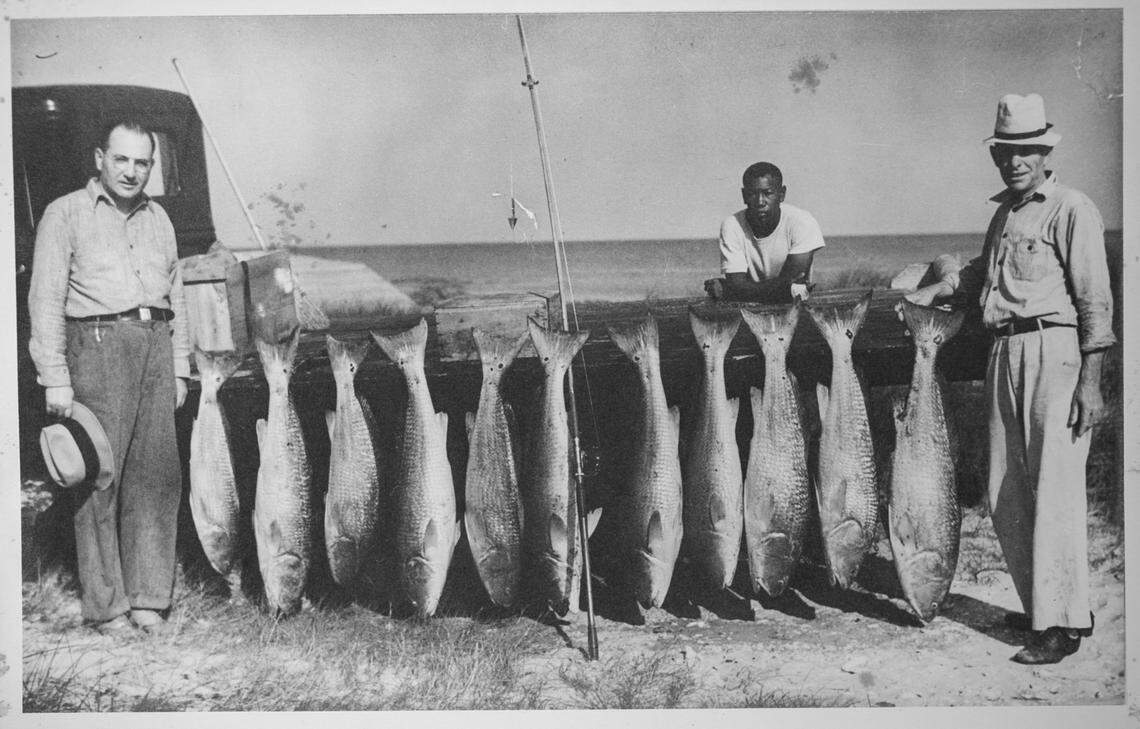 Photo of a fishing expedition from the 1950’s. Mr. Stedman, left, Julius Bryant, center and Gary Bragg with their catch. Bragg is the great grandfather of Rudy Austin.