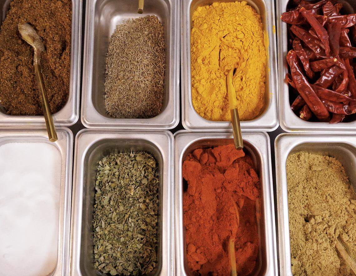 An assortment of spices and dried chiles is pictured in the kitchen of Barsa on Thursday, Sept. 25, 2025, in Durham, N.C.