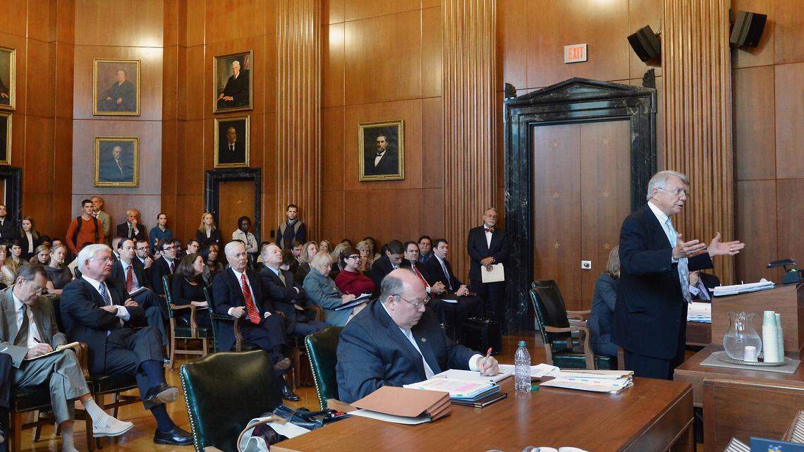 Attorney Jim Exum, a former Supreme Court chief justice argues in front of the NC Supreme Court on Oct. 15, 2013 in Raleigh, NC. The state Supreme Court listened to arguments that could determine the future of public preschool in North Carolina as part of the long-running Leandro case.