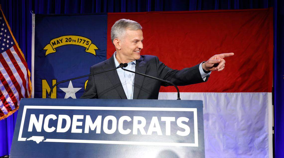 Governor-elect Josh Stein speaks to the crowd during a North Carolina Democratic Party election night event at the Marriott City Center in Raleigh, N.C., Tuesday, Nov. 5, 2024.