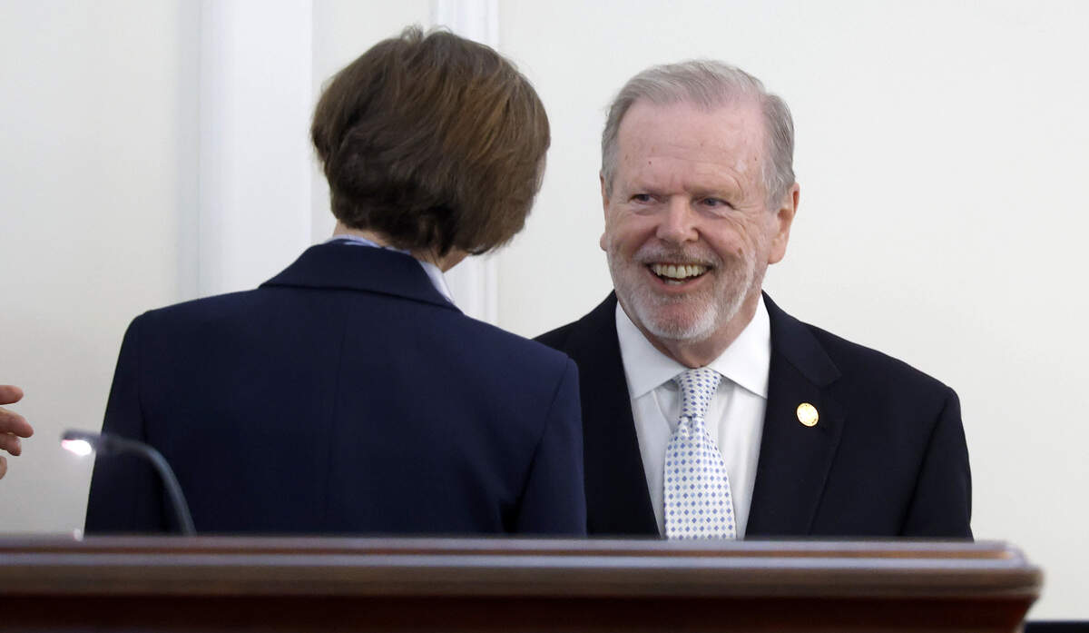 N.C. Senate leader Phil Berger laughs with Lt. Gov. Rachel Hunt during a break in the N.C. Senate session at the Legislative Building in Raleigh, N.C., Tuesday, May 19, 2026.