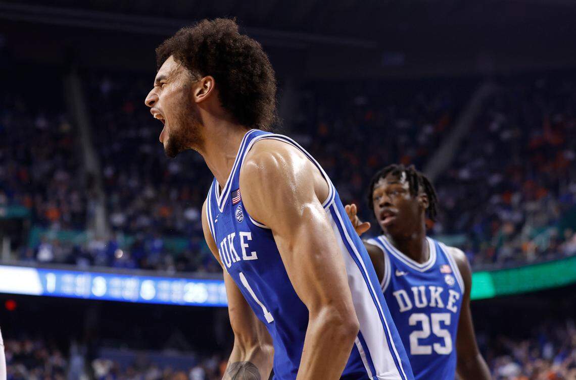 Duke’s Dereck Lively II (1) celebrates after Virginia turned the ball over during the second half of Duke’s 59-49 victory over Virginia to win the ACC Men’s Basketball Tournament in Greensboro, N.C., Saturday, March 11, 2023.