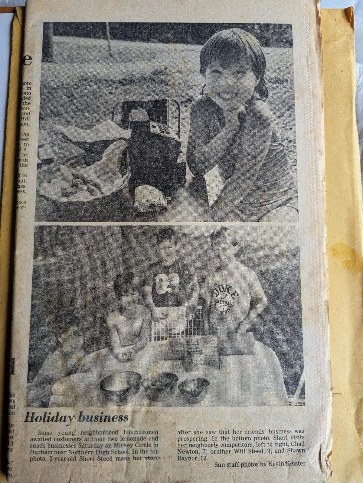 A newspaper clipping from the July 4, 1983 edition of The Durham Sun shows 5-year-old Sheri “Sharyn” Steed with her lemonade and snack business. The photo was taken by current N&O video producer Kevin Keister working in his first month as a photojournalist for the Bull City’s morning and afternoon papers. Forty years to the date this was published, the now 45-year-old Sharyn Horewitch received approval of her first patent.