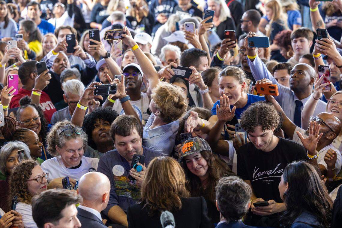 Vice President Kamala Harris greets supporters following a rally at Coastal Credit Union Music Park at Walnut Creek in Raleigh on Wednesday, October. 30, 2024.